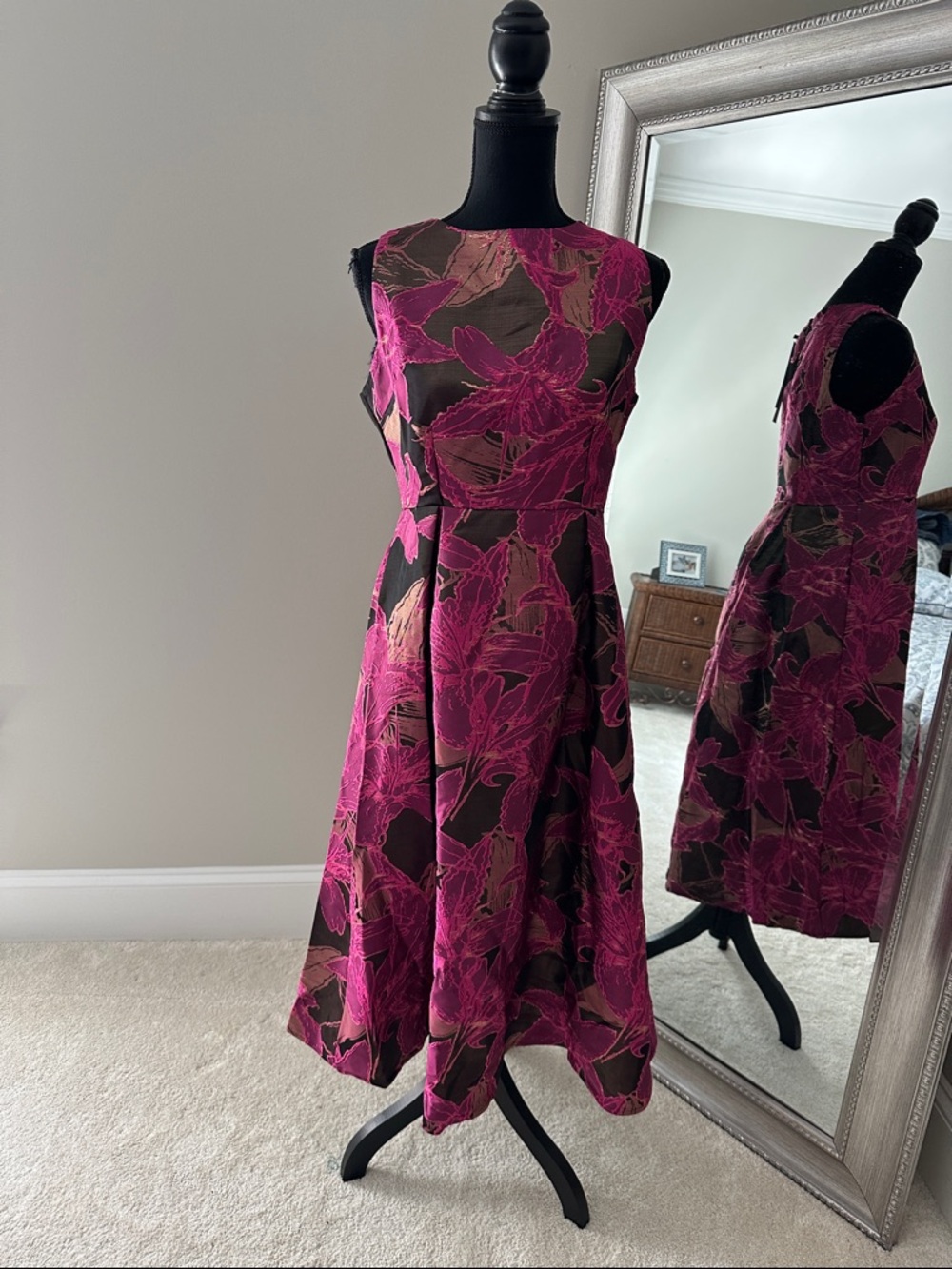 Floral Fuchsia Midi Dress with Dark Base